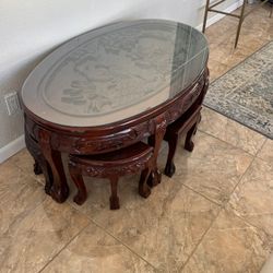 Vintage Oriental Hand Carved Teak Coffee Tea Table with 6 Nesting Stools