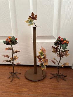 Fall Harvest Metal Candle Holder and Paper Towel Holder Set