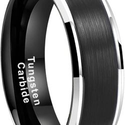 Men's Two-Tone Tungsten Ring Black Brushed Wedding Band 8mm Sizes 8-11