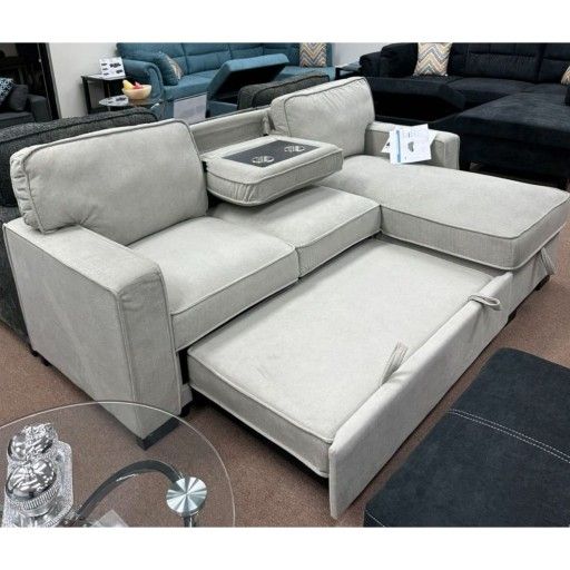 Beige Fabric Reversible Sleeper Sectional with Storage Chaise Drop-Down Table 2 Cup Holders