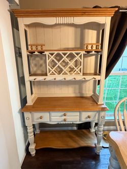 Solid Oak Two-Tone Rustic Farmhouse Kitchen Hutch / Wine & Coffee Bar