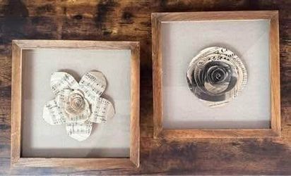 Recycled 3D Paper Wall Art Flowers Framed $8 for Both
