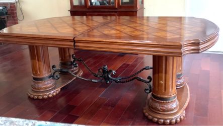 Large Ornate Extendable Wood Dining Table - 121” Fully Extended