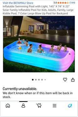 nflatable Swimming Pool with Light, 145'' X 74'' X 22'' Solar Family Inflatable Pool for Kids, Adults, Family, Large Kiddie Pool, 7 Color Large Blow U