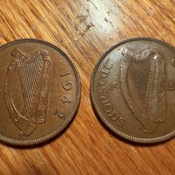 LOT OF TWO IRELAND 1 PENNY 1931, 1942 VF BRONZE COIN KM3 RARE COLLECTIBLE COINS