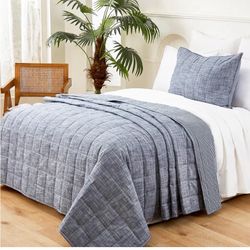 Navy Quilts Twin Quilt， Cotton Twin Quilt Bedding Set，2-Pieces Quilted Bed Spread with Blue Stripe Coverlet Light Weight Navy Bedspread with 1 Pillow 