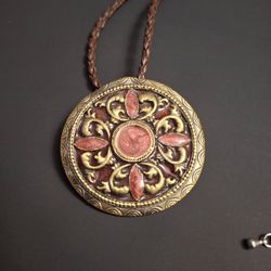 Vintage Mid 20th Century Tribal Design Pendant Necklace W/Filagree Metalwork & Coral Colored Enamel Inlays On Brown Braided 19" Chain