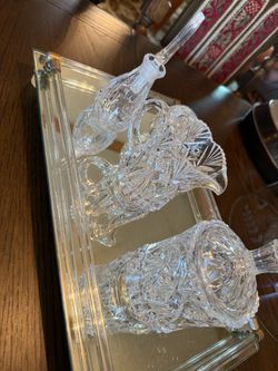 Cut Crystal Creamer, Sugar & Cruet Set on Mirrored Tray