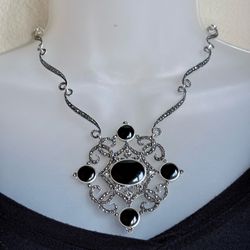 Silver Plated Black Agate & Marcasite Filigree Necklace