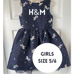 GIRLS H&M Navy Unicorn Dress | Size 5-6y