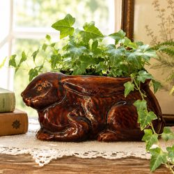 Vintage Charming Bunny Ceramic Pottery Planter Brown Chippy Pot Vessel Collectible Table Decor Mid Century 