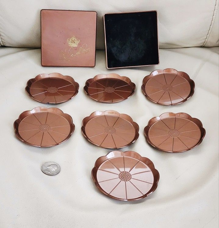 Vintage STEEDS 7 Coaster Set In Elegant Copper Gold Color Design With Original Box .