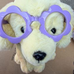 FAO Schwarz Wrinklers yellow stuffed dog purple flower glasses bow tie new with tags