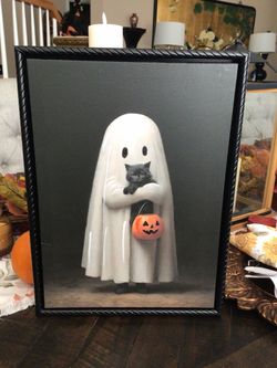 Halloween Ghost with Cat Framed Canvas Print