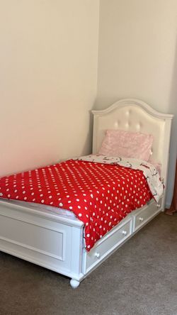 White Twin Storage Bed with Upholstered Headboard + 2 Mattresses