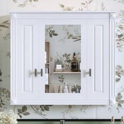 35 in. W x 28 in. H Rectangular MDF Medicine Cabinet with Mirror in White, with 6-Open ShelvesN710P252503K