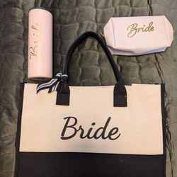 Bride Canvas Bag, Metal Bottle, And Makeup Case