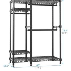 😀 16,5”Dx 45”Wx 76.4”H Clothes Rack for Hanging Clothes, Heavy Duty Closet Rack with 4 Tiers Wire Shelving & 3 Hanging Rods, Free Standing Closet
