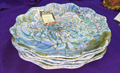 Set of 6 Nicole Miller Blue Floral Peony MELAMINE Large Dinner Plates Gold Deep Low Bowl A68M006