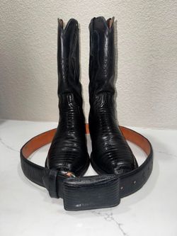 Don Cuco Black Genuine Lizard Leather Cowboy Boots with Belt