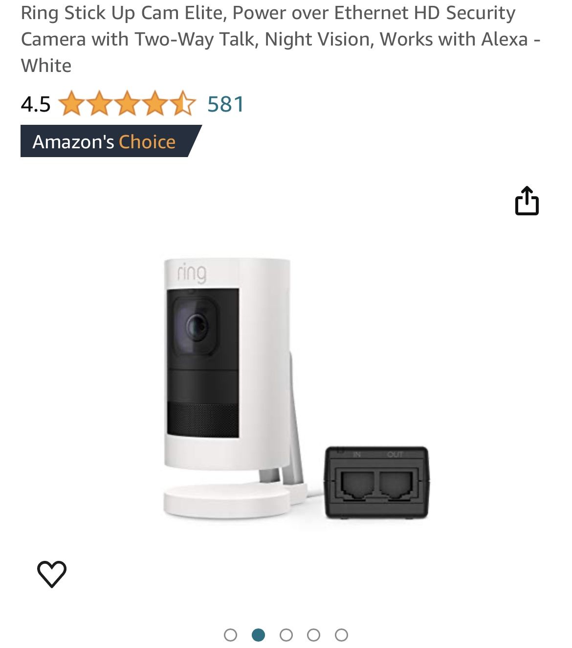 Ring Stick Up Cam Elite, Power over Ethernet HD Security Camera with Two-Way Talk, Night Vision, Works with Alexa - White