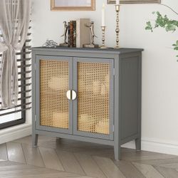 Gray Rattan 2-Door Storage Cabinet with Built-in Adjustable Shelf [NEW]
