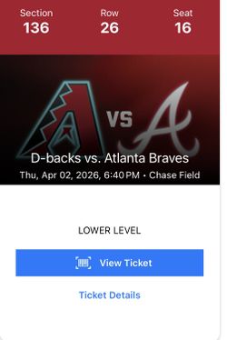 Tickets for the Atlanta Braves vs Arizona Dbacks 4/2