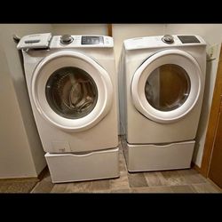 Samsung 4.5 Cu. Ft. Front Load Washer and 7.5 Cu. Ft. Electric Dryer Laundry Pair with Pedestal in White  BIGSPECIAL $600 EARLY BLACK FRIDAY