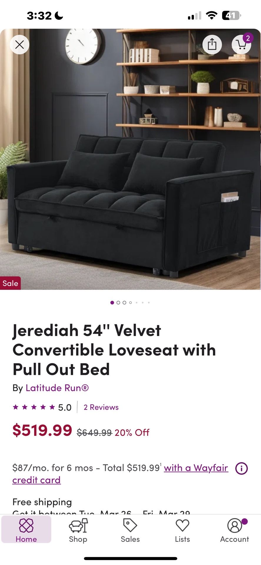 54” Velvet sofa Bed 