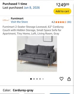 2 Seater Storage Loveseat 62” Dark Grey Corduroy