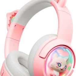 Cute Cat Bluetooth Headphones, Wireless & Wired Mode Headset with Mic, RGB LED Light, for Girls Women School Gaming, Compatible with Mobile Phones Tab