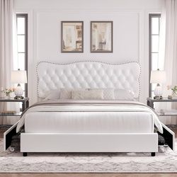 Queen Size Bed Frame with 4 Storage Drawers, Upholstered Platform Bed Frame with Button Tufted Headboard, Heavy Duty Mattress Foundation with Wooden S