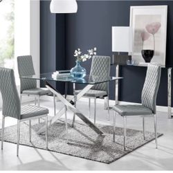 Lenworth Modern Chrome Metal and Glass Dining Table Set with 4 Luxury Faux Leather Dining Chairs
