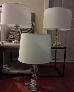 White lampshades & glass lamps set of 3
