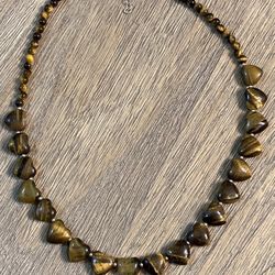 925 Silver With Tigers Eye Round Beads And Hearts Necklace 