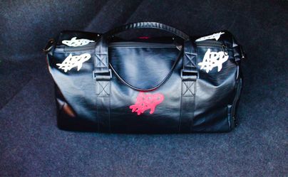 Black Faux Leather Duffle Bag with Patches
