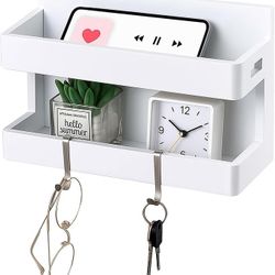 Floating Wall Mounted Wooden Shelf Double Tray. Storage Shelf W/ Hooks Floating Organizer. White Wood. 