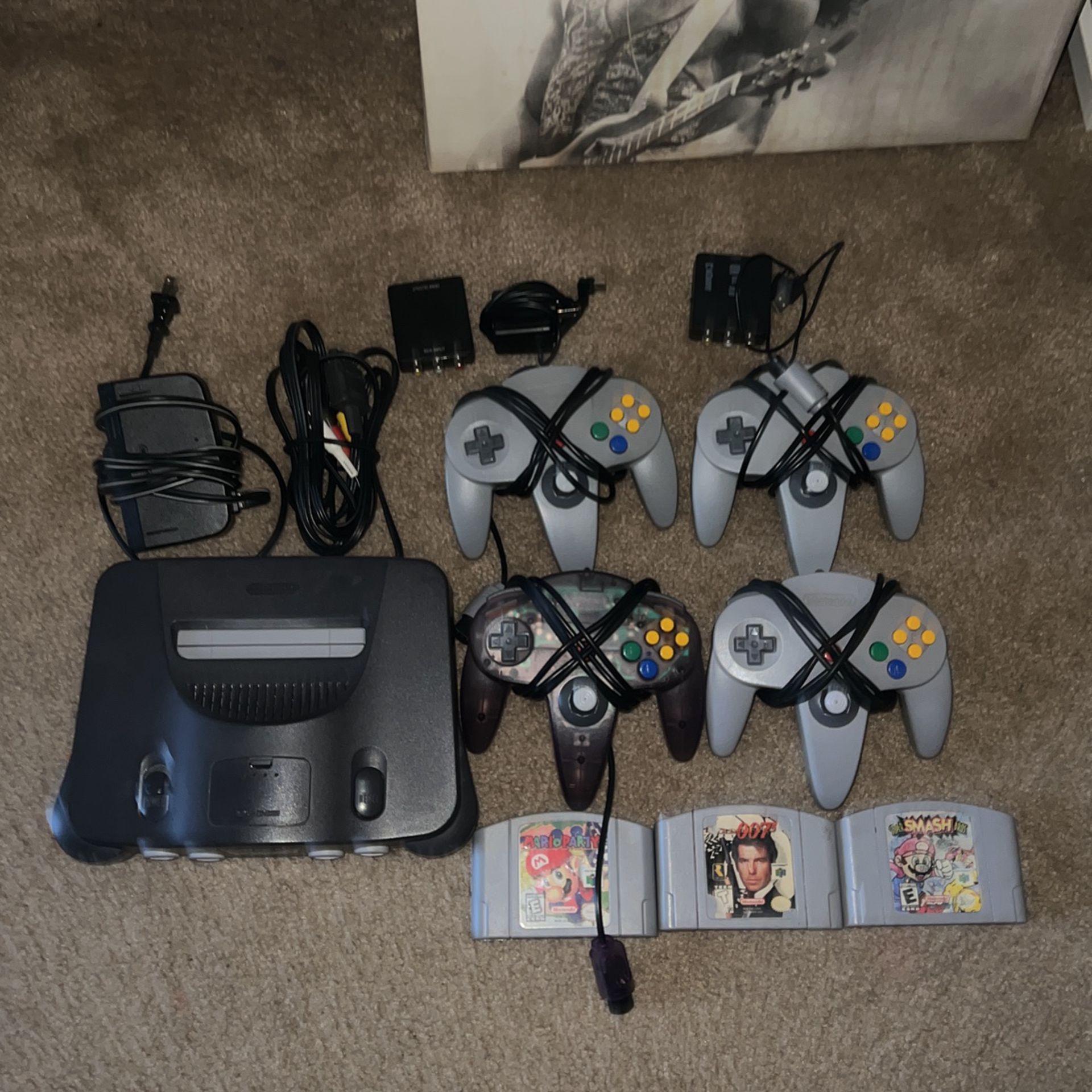 Nintendo 64, 4 Controllers, 3 Games.  Av To HDMI Adapter. 220 Or Best Offer