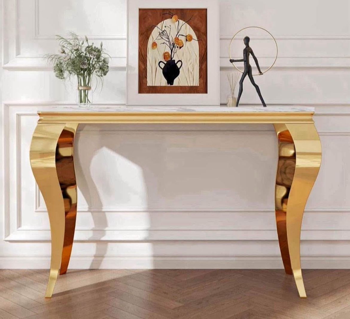  Faux Marble Console Table, 47" Modern Elegant Entryway Table with Stainless Steel Legs and Gold Mirrored Finish, Luxury Entrance Table 