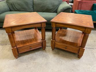 Wooden Marquetry Top Square Single Drawer End Table (Set of 2)