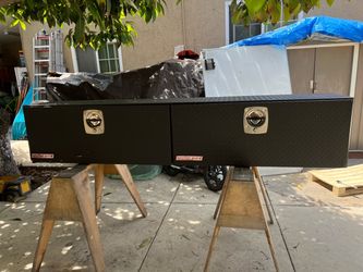 Weather guard top mount truck tool box new size 90” long x 18” top x 16” wide have couple dents on it when delivered and 1 cut in one door left side b