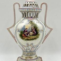 Antique Victorian Hand-Painted Ceramic Urn with Lid – 12” Decorative Vase