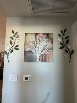 3-Piece Wall Art Set — Tree Canvas + Metal Leaf Branches