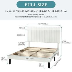 Upholstered Bed Frame with Adjustable Vertical Tufted Headboard, Velvet Finish, Full, White