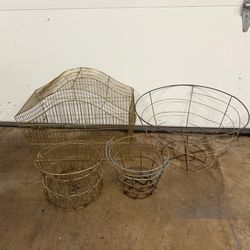 4 Antique wire baskets and birdcage