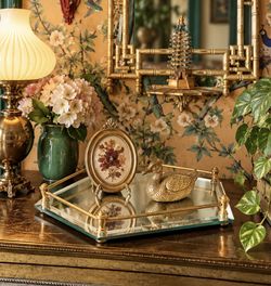 Vintage Beveled Vanity Perfume Tray & Mirror Brass Heavy Regency Mid Century table decor