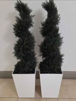 *** JUST REDUCED *** PAIR of 3ft Faux Cedar Spirals in 16in White (Rattan) Planters (2 for $100) @ Lasting Creations