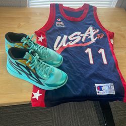 Vintage Carl Malone Youth USA Jersey And Melo Ball Shoes 