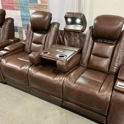 Brown Leather Power Reclining Sofa 