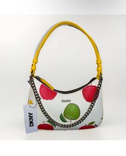 DKNY Lee Marhmallow White Apple Print Red Yellow Green Shoulder Purse Bag Fruit